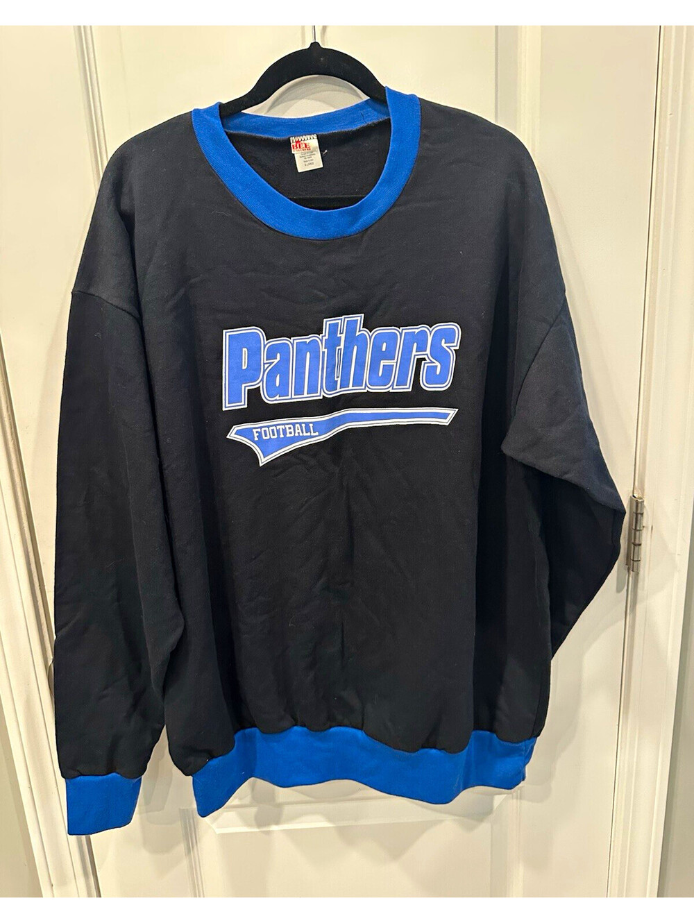 Vintage 90’s BEE Activewear Panthers Football Crewneck Fleece Black Blue XL